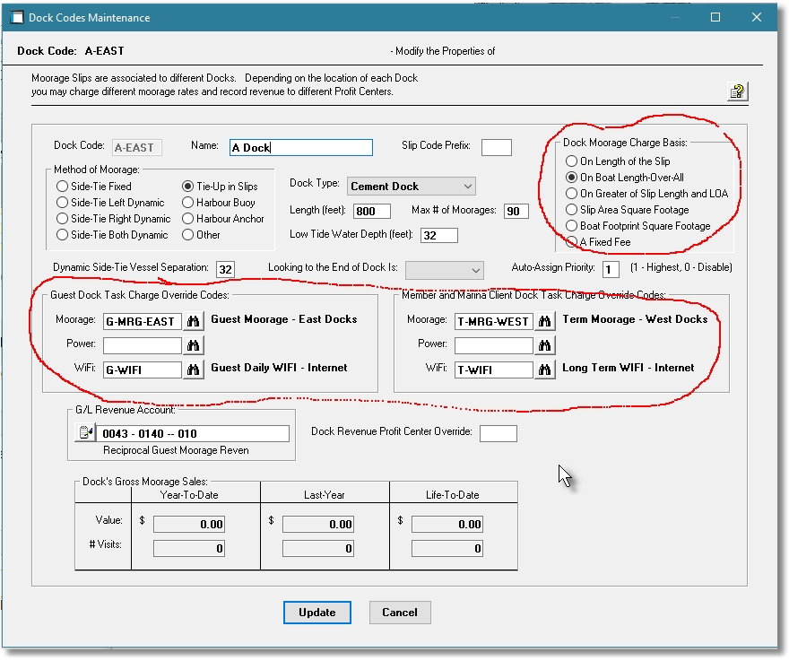 Dock Code Properties Screen for Rates override