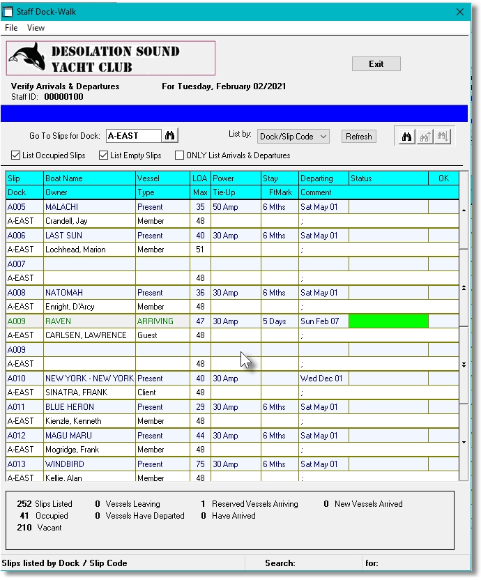 Dock Walk Grid Screen for Marina Mate Marina Accounting