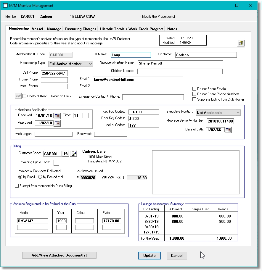 Showing Members properties from the Marina Mate Yacht Club Invoicing software