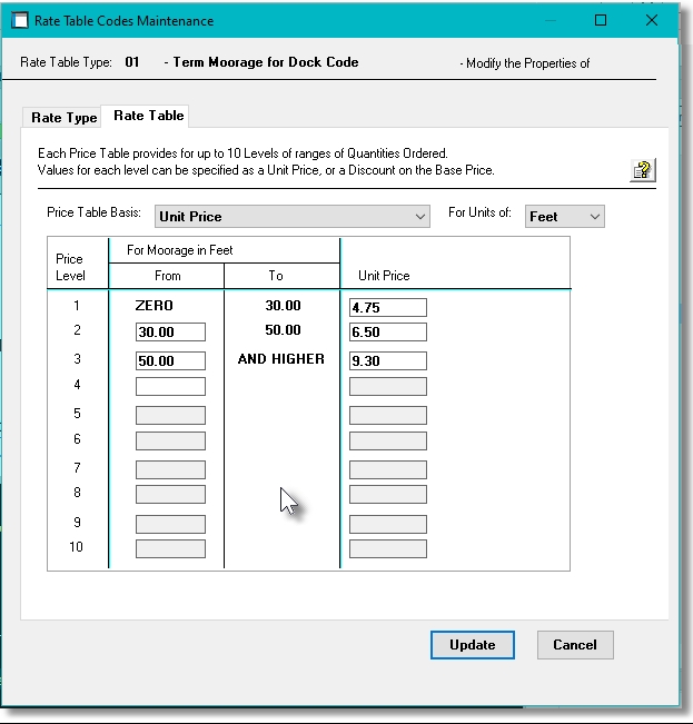 Rate Table Levels Screen